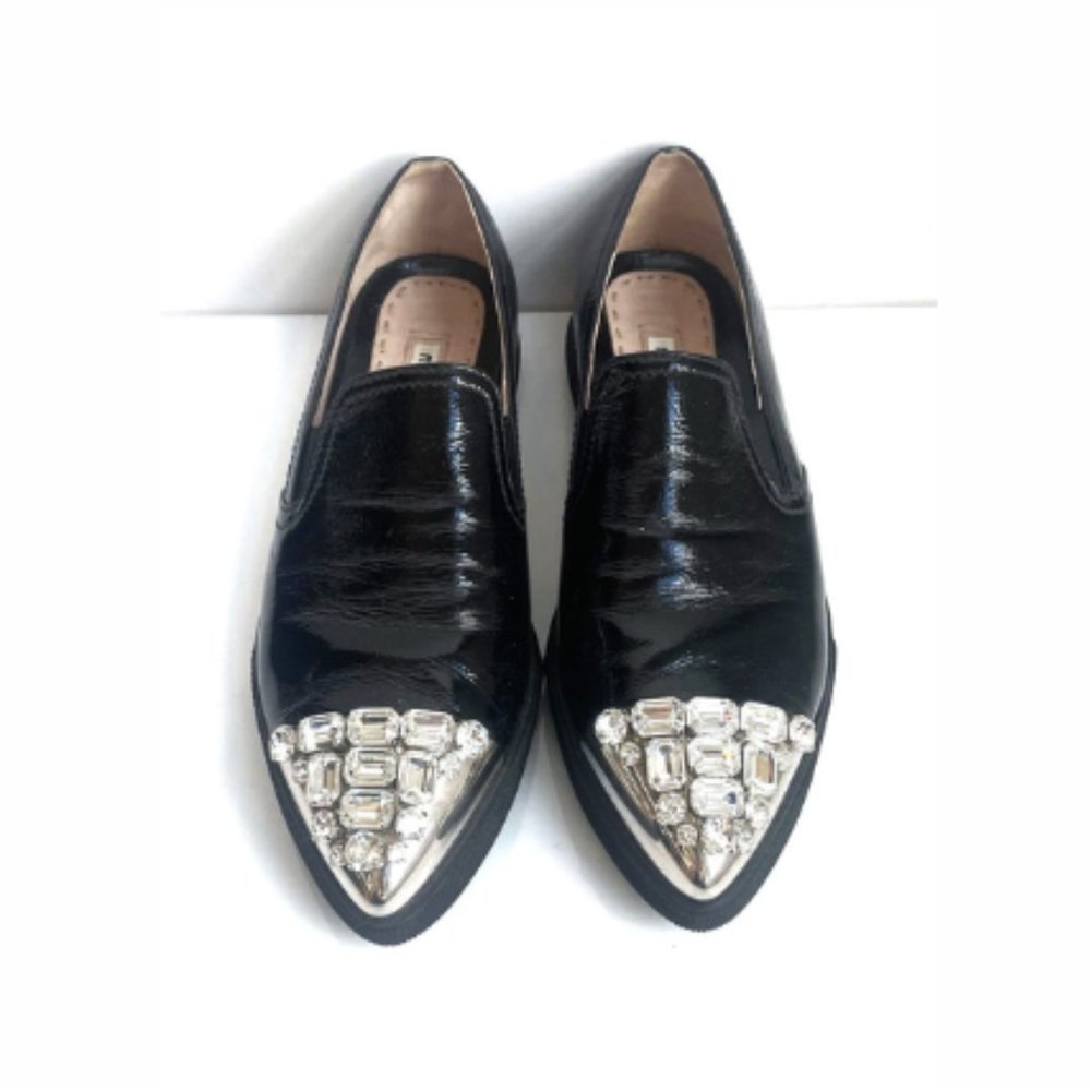 Miu Miu Crystal Slip Ons Loafer Flats Sz 7 37-1/2 Black Patent Leather